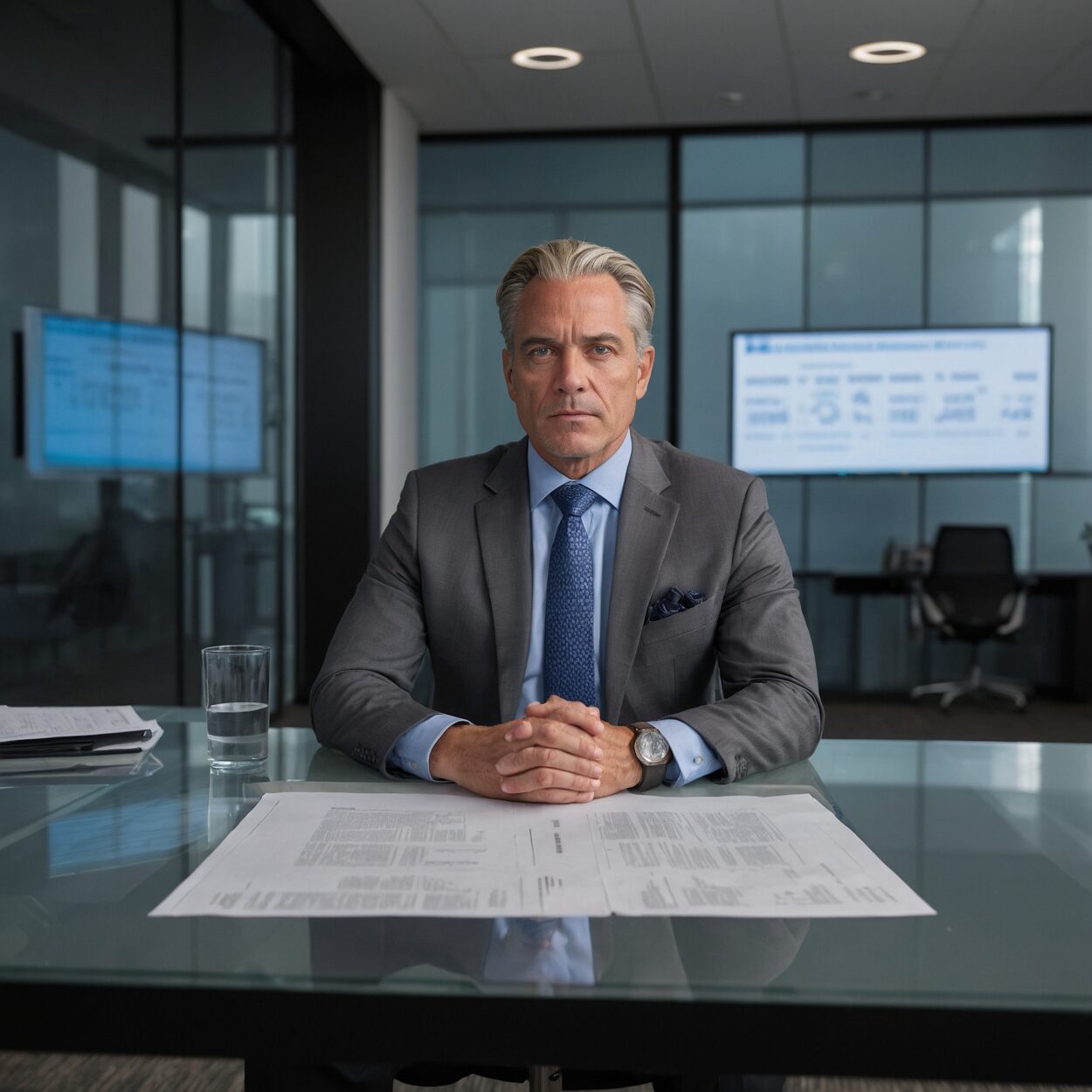 Warick Winslow seated at a glass conference table with digital screens and paperwork in a corporate office.