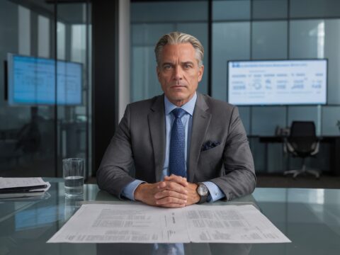 Warick Winslow Warick Winslow seated at a glass conference table with digital screens and paperwork in a corporate office.