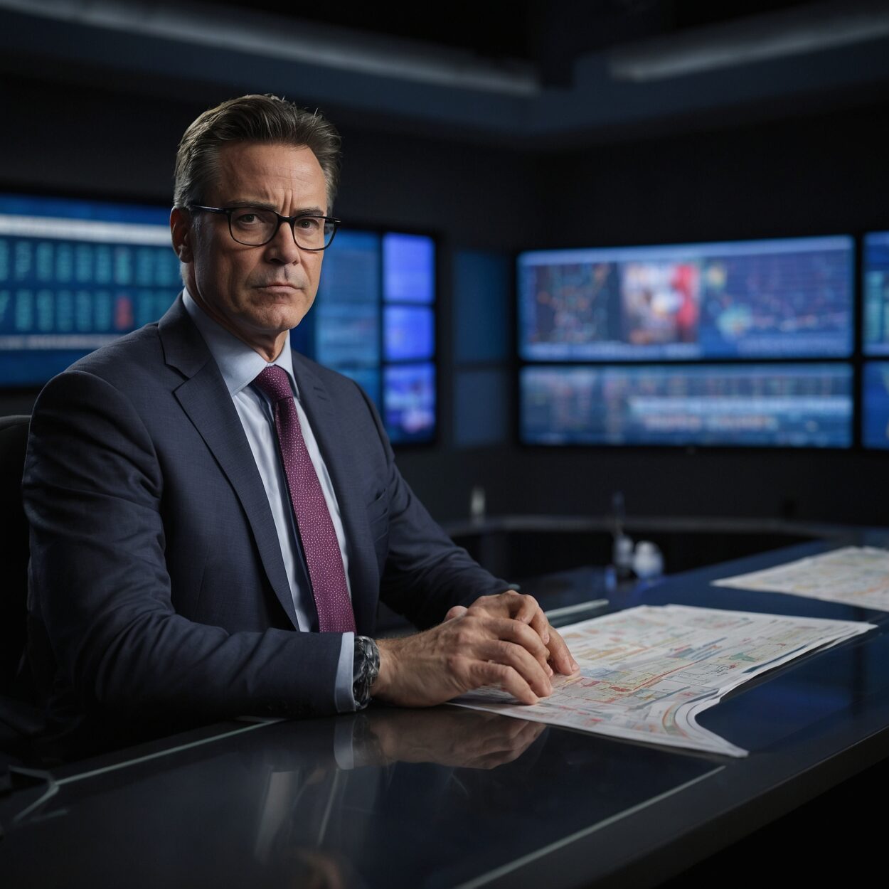 Mark Marvel seated at a news desk with financial charts and monitors behind him.