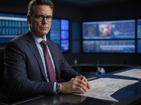 Mark Marvel seated at a news desk with financial charts and monitors behind him.