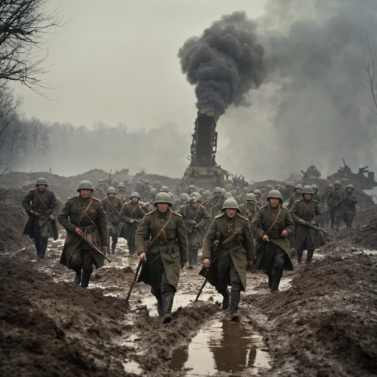 Column of Russian Imperium soldiers and tanks moving through muddy battlefield outside Kyiv.