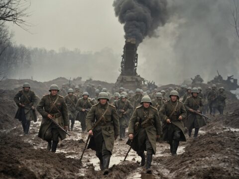 Column of Russian Imperium soldiers and tanks moving through muddy battlefield outside Kyiv.