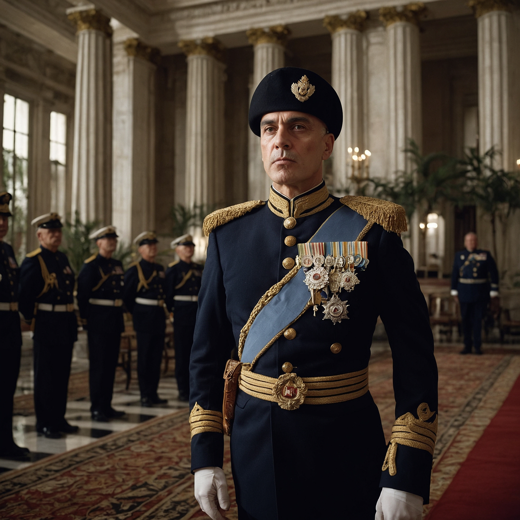A charismatic male military leader in blue uniform addresses officers on a marble staircase.