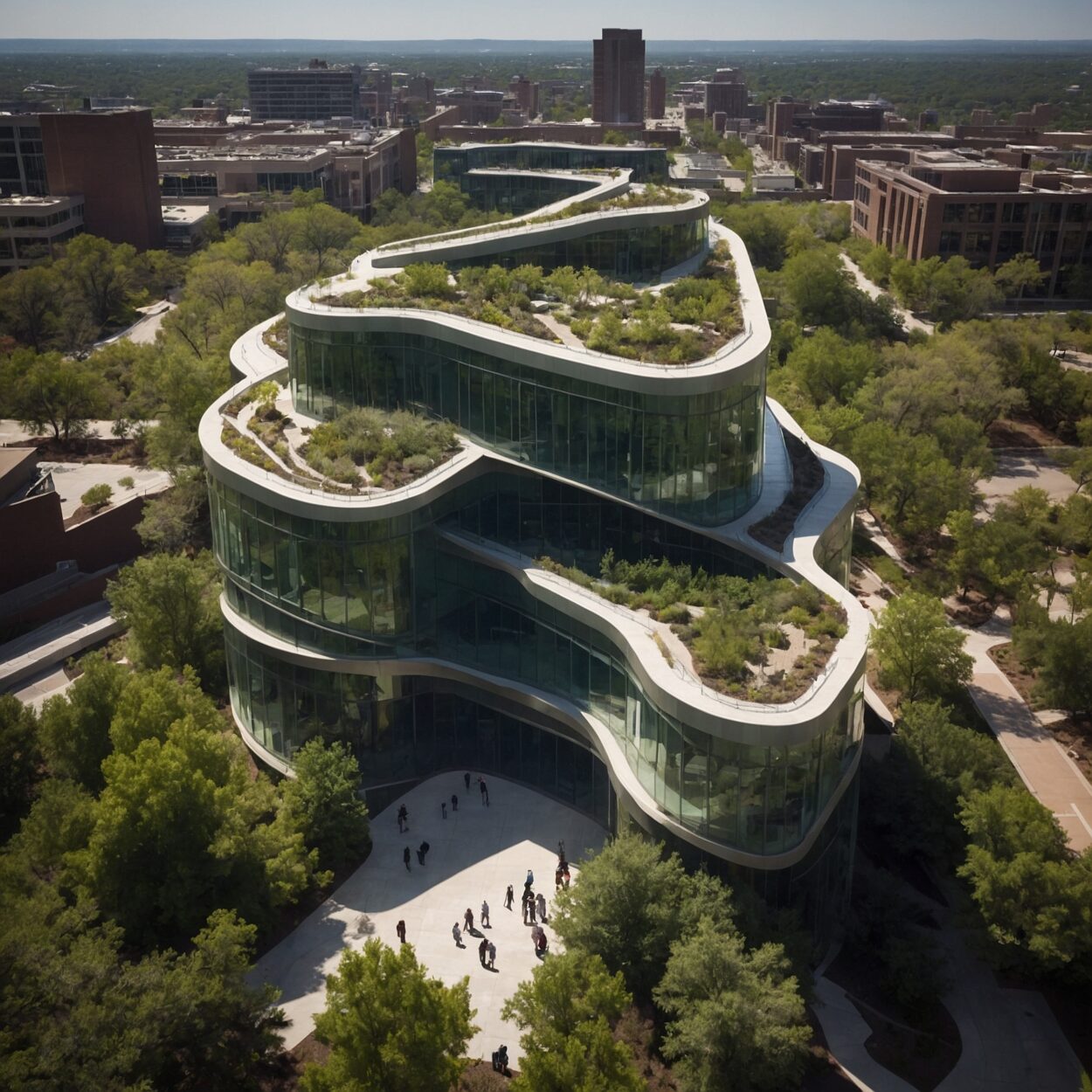 Aerial photograph showing Research Plaza’s modern glass-and-steel building with green rooftop sections and biologists tending plants.