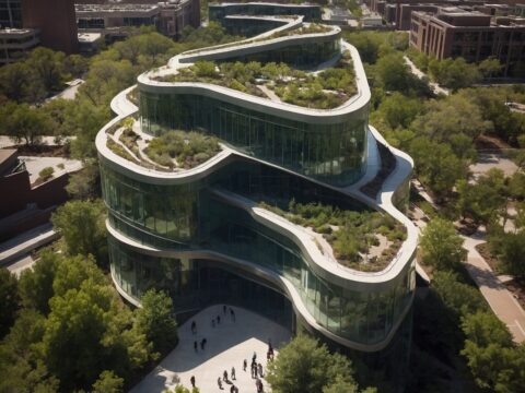 Research Plaza Aerial photograph showing Research Plaza’s modern glass-and-steel building with green rooftop sections and biologists tending plants.