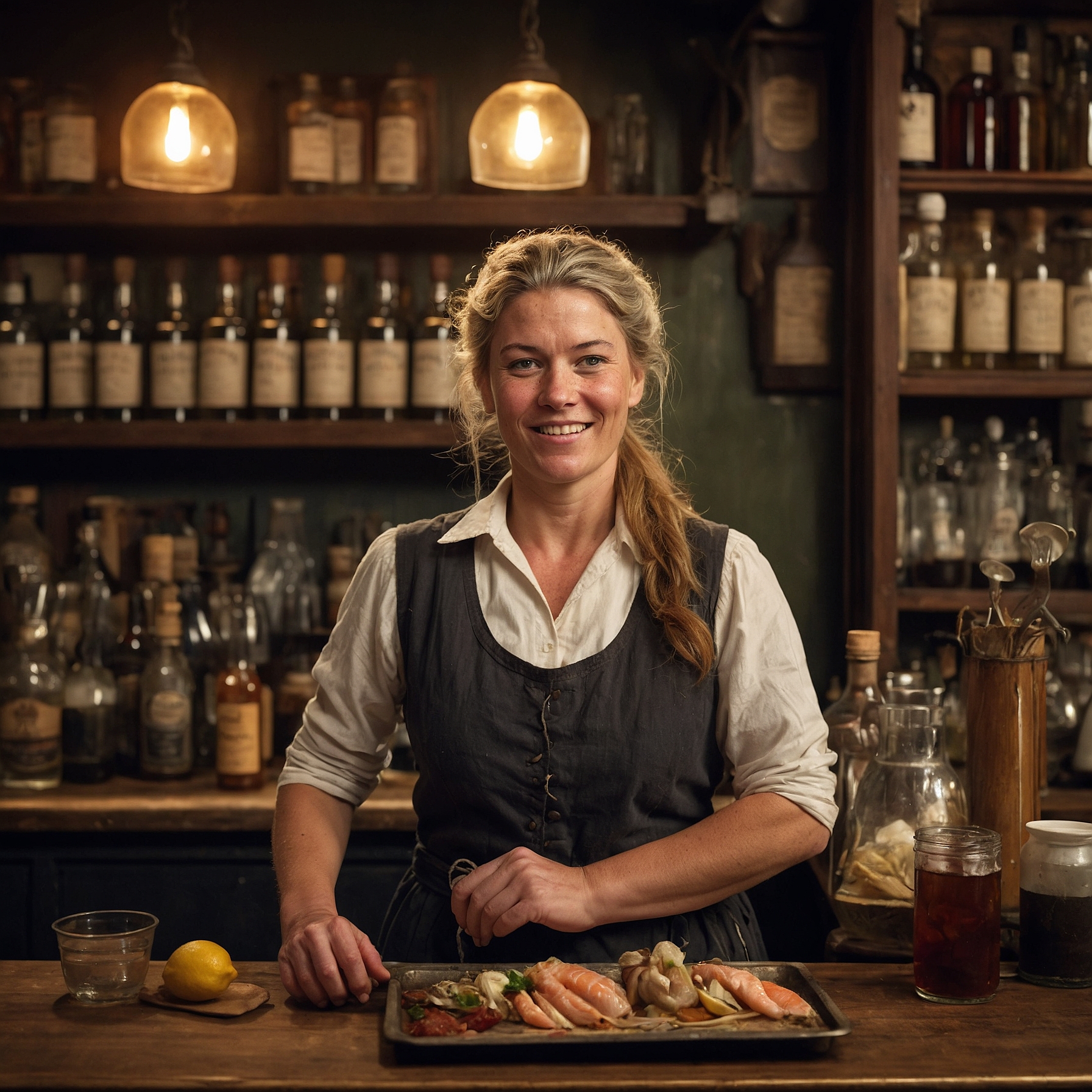 Tavern staff serve drinks and update a chalkboard menu amid nautical decor and warm lighting.