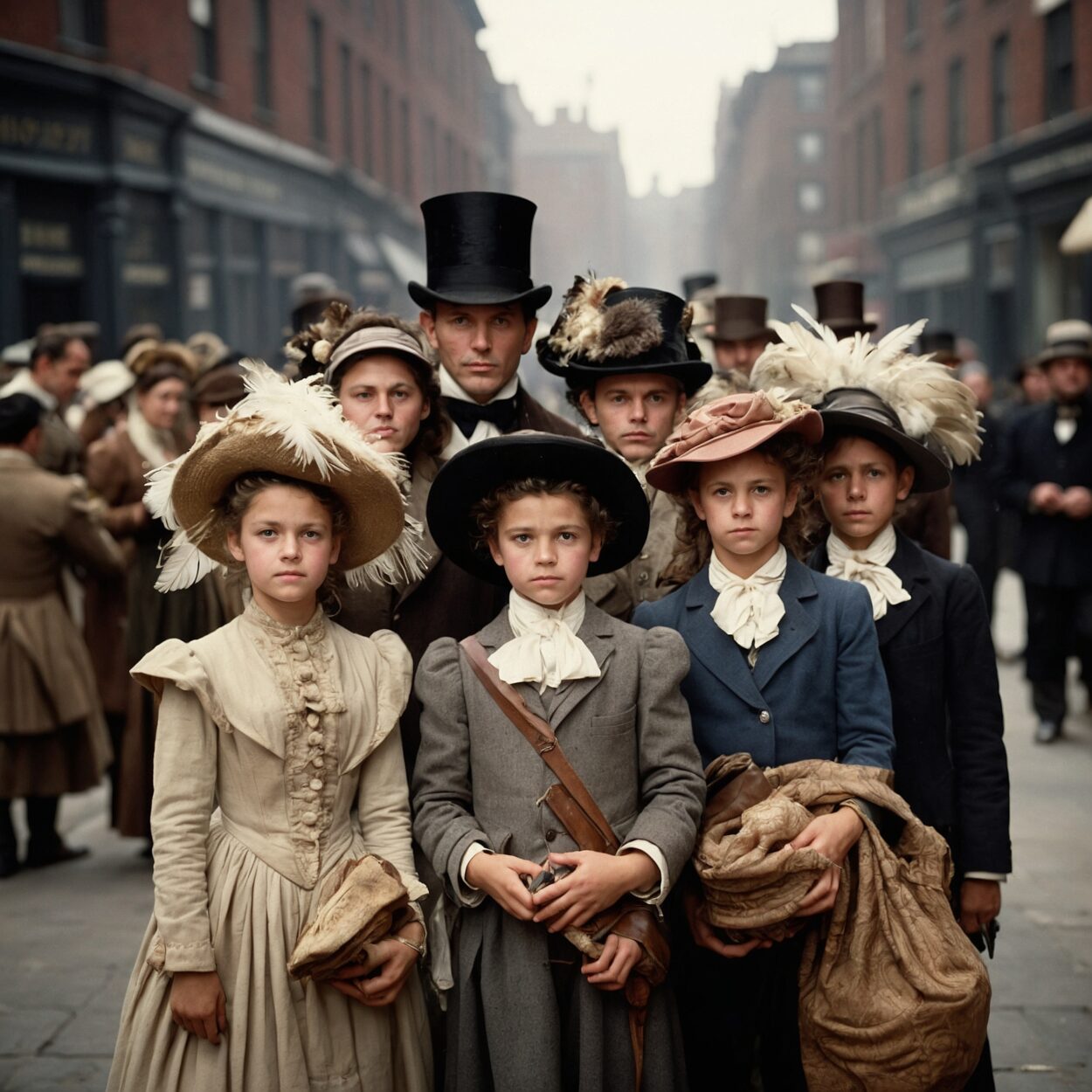 19th-century city street crowded with people in various hats showing documents to an inspector.