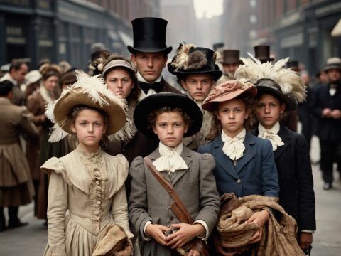 Décret 1713 19th-century city street crowded with people in various hats showing documents to an inspector.