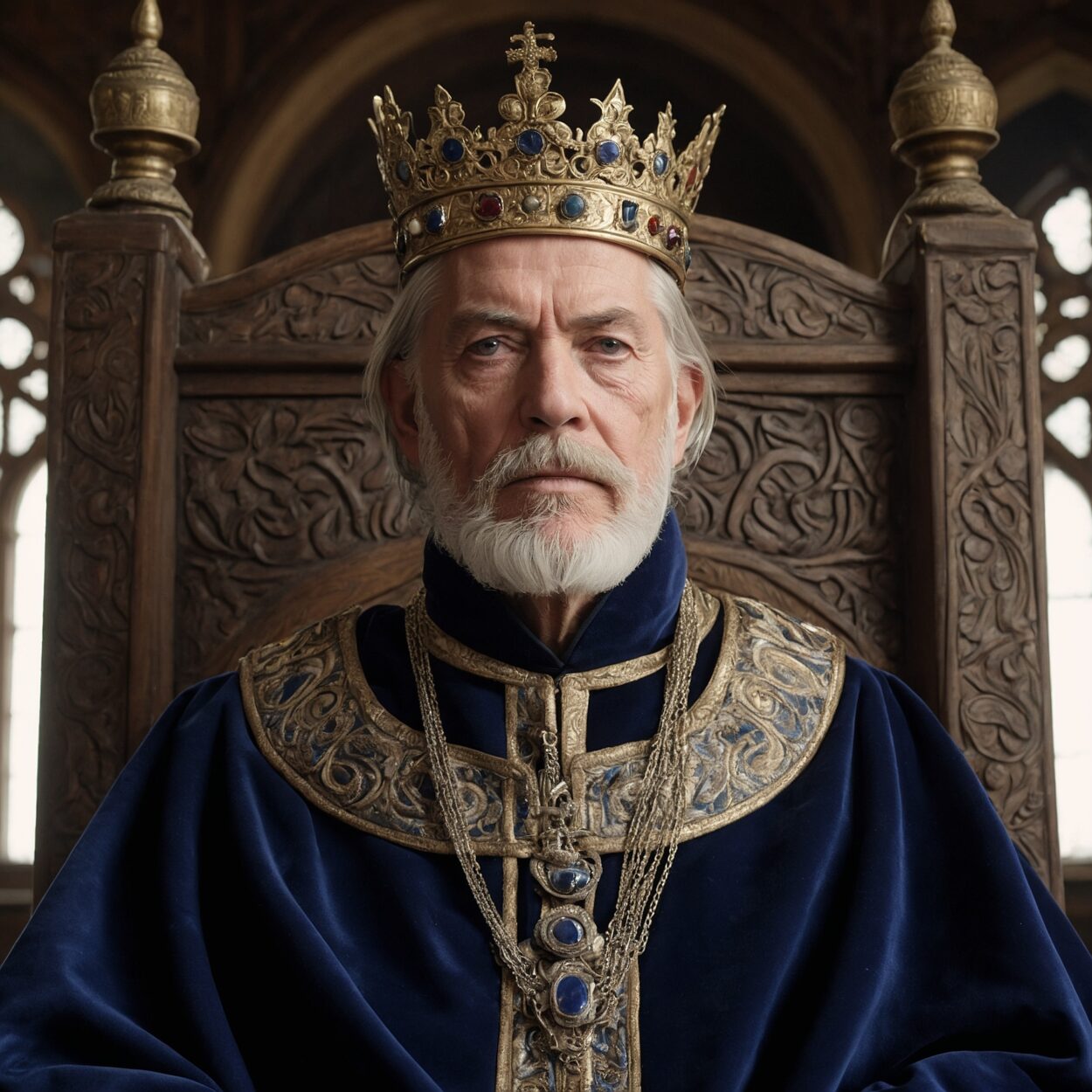 King Harold Haroldsen XVII in a blue velvet robe and crown in a throne room.