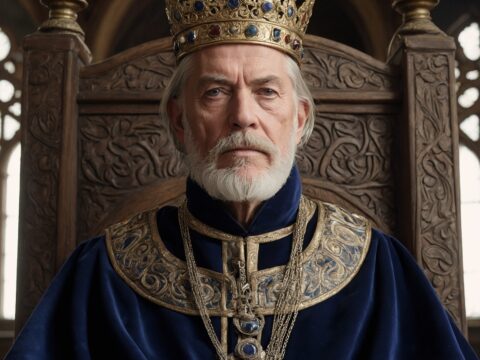 King Harold Haroldsen XVII in a blue velvet robe and crown in a throne room.