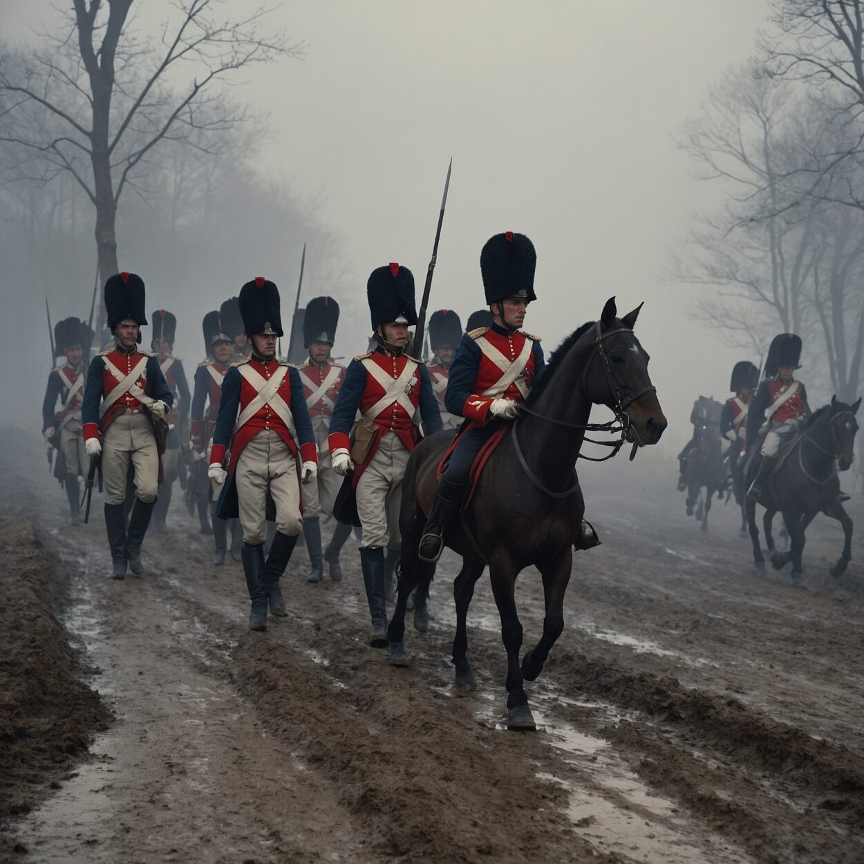 Diverse French soldiers in blue uniforms and boots march with flags and artillery in foggy terrain.