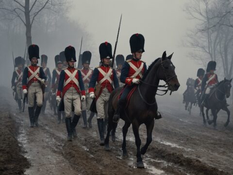 Diverse French soldiers in blue uniforms and boots march with flags and artillery in foggy terrain.