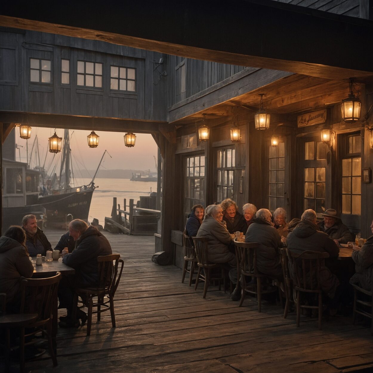 People in heavy coats enjoy drinks and seafood inside a bustling harborside tavern at dusk.