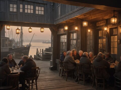 People in heavy coats enjoy drinks and seafood inside a bustling harborside tavern at dusk.
