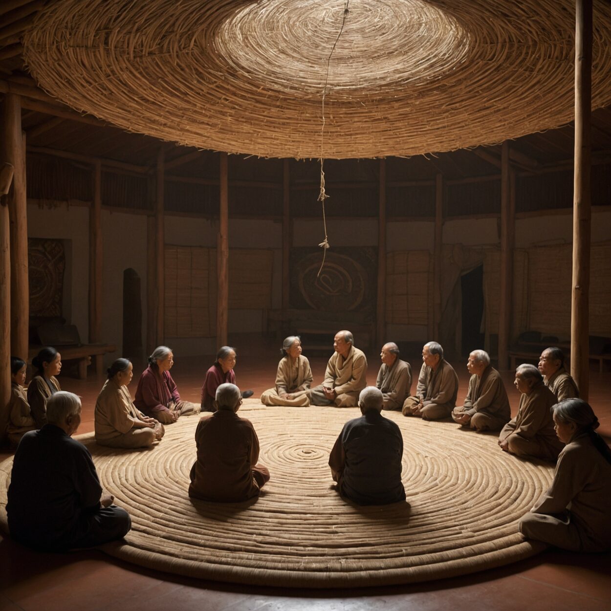 People of various ages sit in circles as an elder draws patterns on a canvas in a wooden hall.