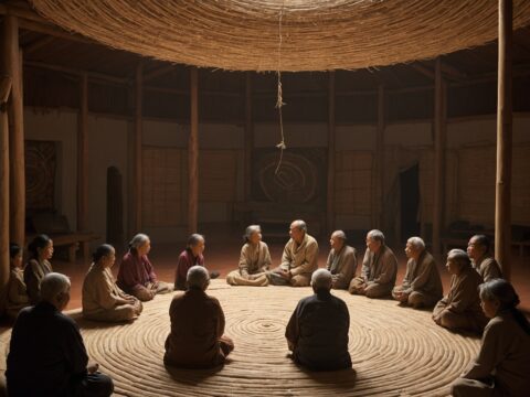 People of various ages sit in circles as an elder draws patterns on a canvas in a wooden hall.