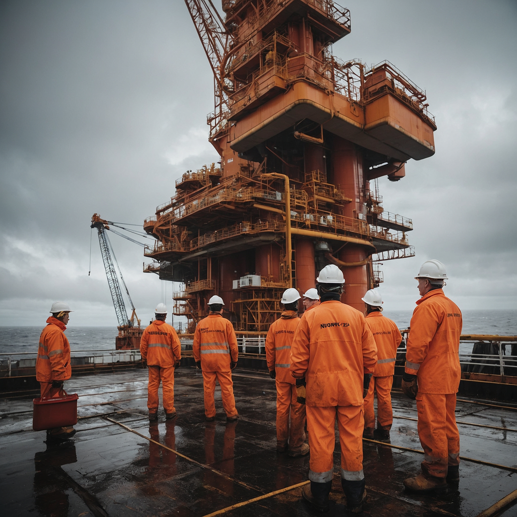 Workers in orange safety gear perform maintenance on a North Sea oil platform with cranes and pipes.