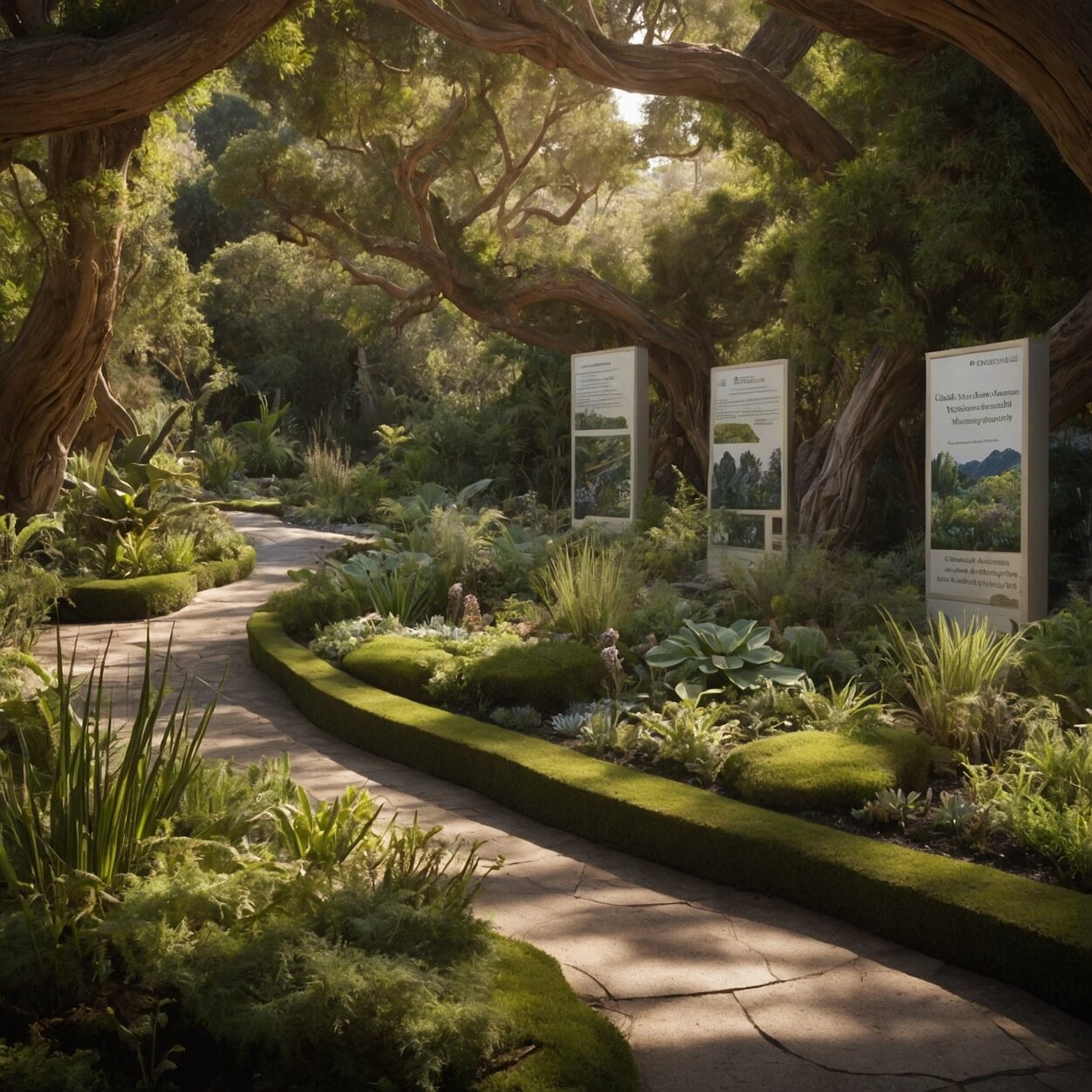 Curated garden area with varied vegetation, terrain, and educational plaques in the foreground.