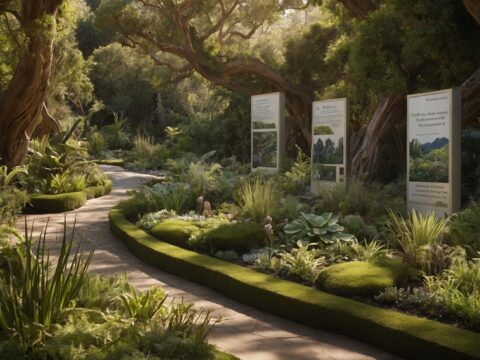 Curated garden area with varied vegetation, terrain, and educational plaques in the foreground.