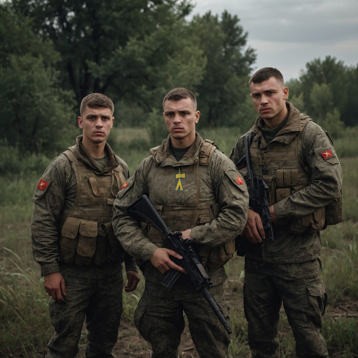 Ukrainian fighters in military fatigues review a map near a camouflaged vehicle in a war-torn rural area.