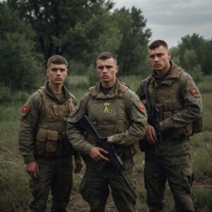 Ukrainian fighters in military fatigues review a map near a camouflaged vehicle in a war-torn rural area.