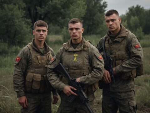 Bortsi za svobodu Ukrainian fighters in military fatigues review a map near a camouflaged vehicle in a war-torn rural area.