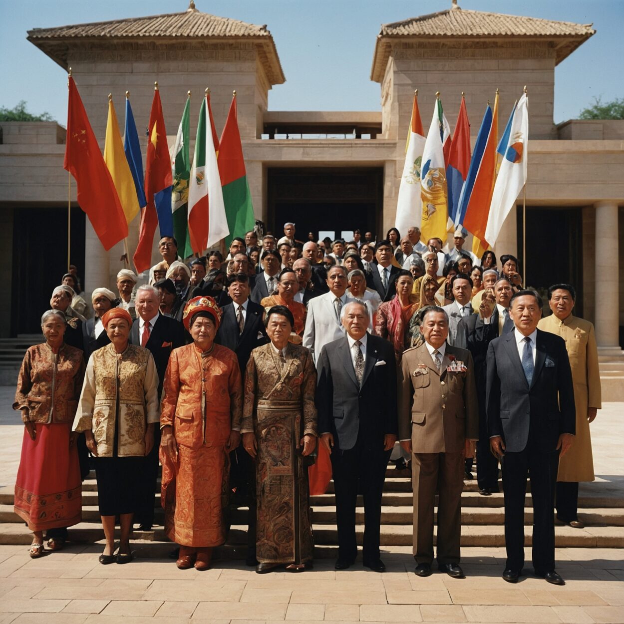 Representatives in varied traditional and modern dress meet at a multicultural diplomatic summit.