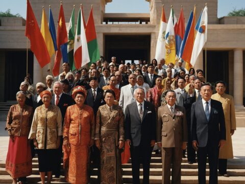 Countries of the World Representatives in varied traditional and modern dress meet at a multicultural diplomatic summit.