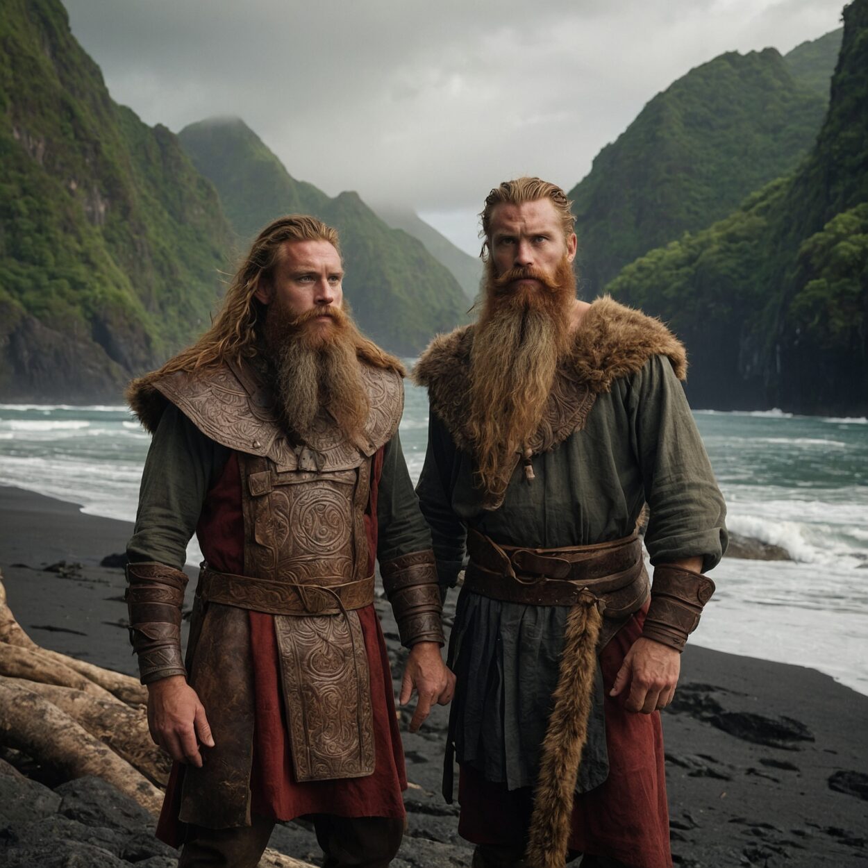 Two Vikings in leather tunics stand on a lush coastline with their longship nearby.