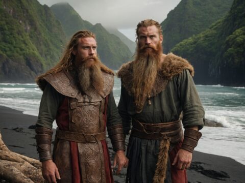 Kingdom of Papua Two Vikings in leather tunics stand on a lush coastline with their longship nearby.