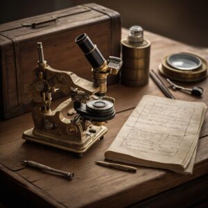 Close-up of a brass and wood Tenasnah microscope with slides and notes nearby.