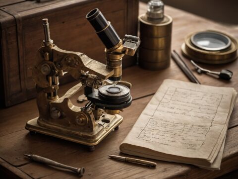 Close-up of a brass and wood Tenasnah microscope with slides and notes nearby.