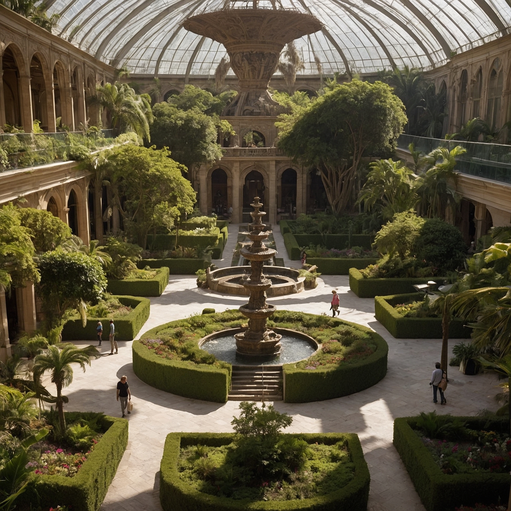 People walking among geometric flower beds, fountains, and tropical trees in the Great Gardens courtyard.