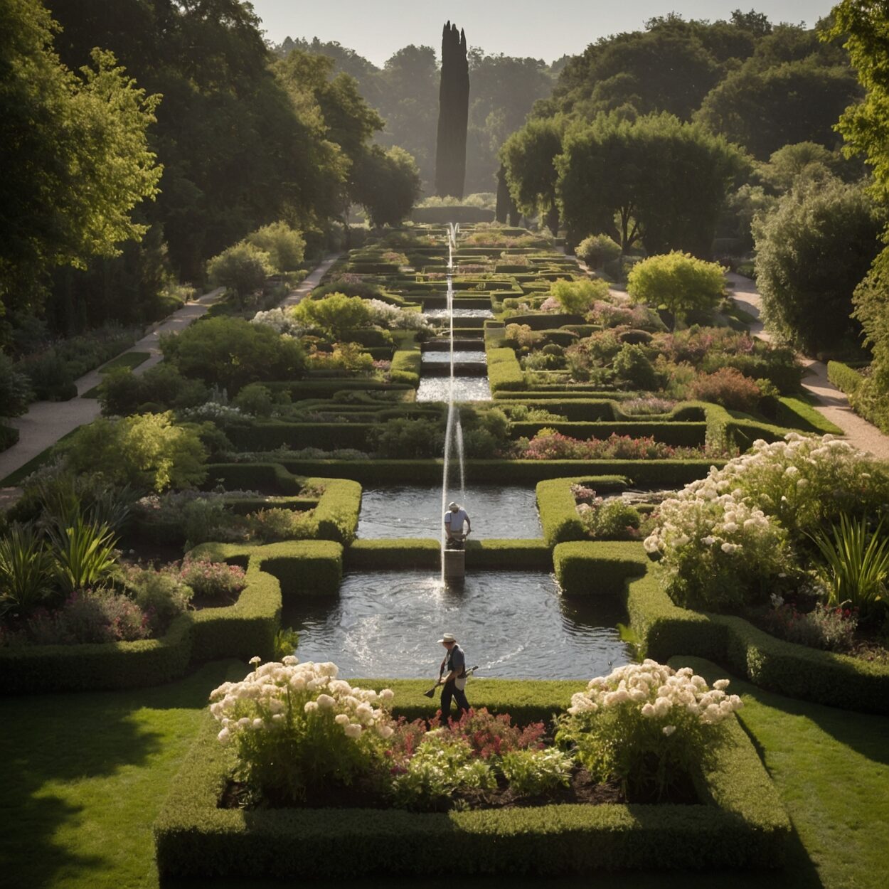 Horticulturists maintain terraced flower beds and stone irrigation channels in the Great Gardens.