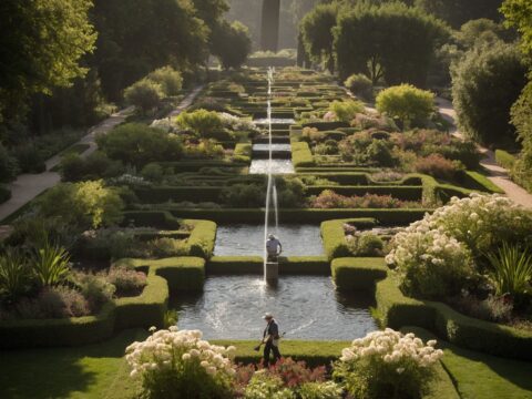 Horticulturists maintain terraced flower beds and stone irrigation channels in the Great Gardens.