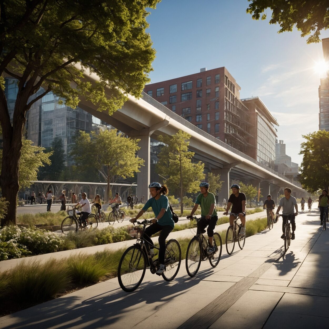 A diverse group of people walk and cycle along a riverside boulevard with modern eco-friendly buildings in the Wallamet Valley.