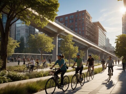 A diverse group of people walk and cycle along a riverside boulevard with modern eco-friendly buildings in the Wallamet Valley.