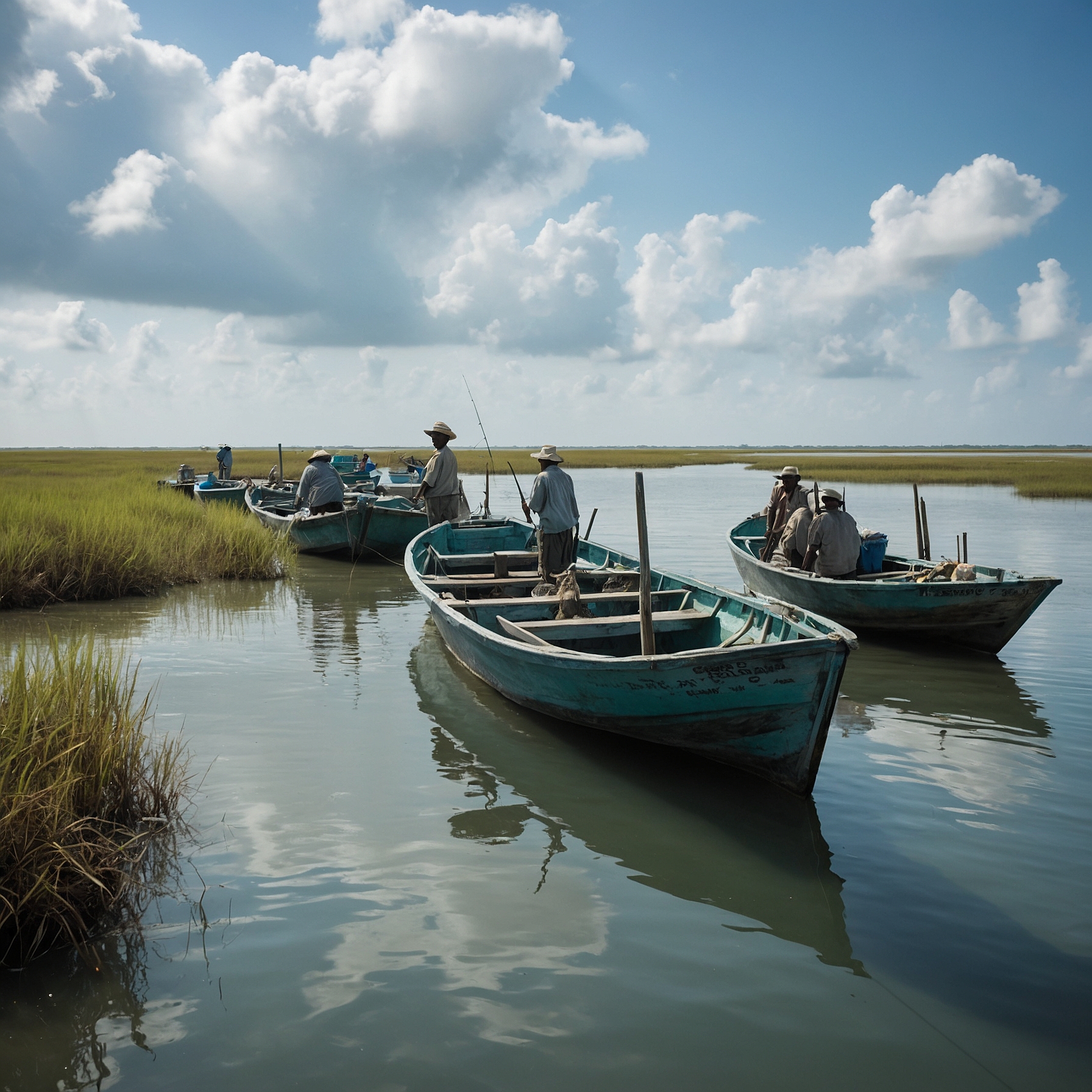 Small fishing boats with fishers haul nets in turquoise Louisiana Sea near marshland.