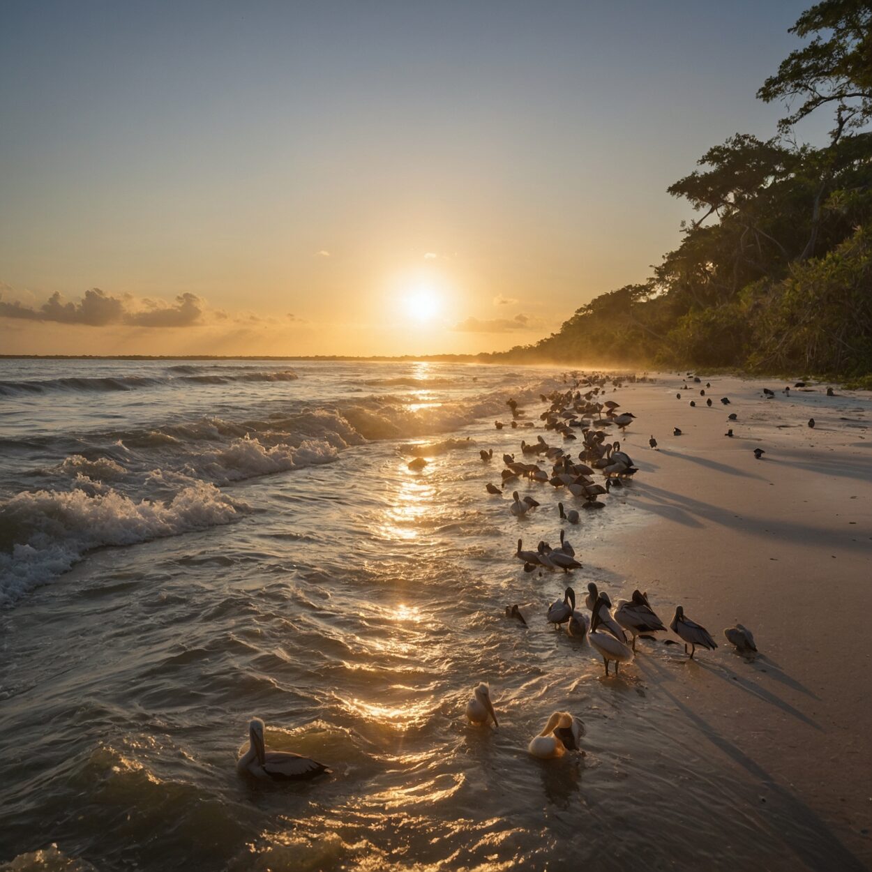 Children wading in clear water near white sand beaches and mangroves with seabirds nearby.
