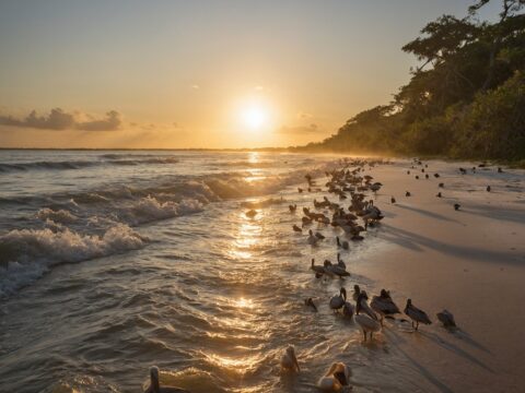 Children wading in clear water near white sand beaches and mangroves with seabirds nearby.