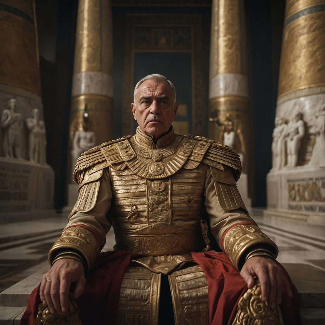 Seleucus negotiating between Egyptian and Hellenistic advisors in an opulent marble hall.