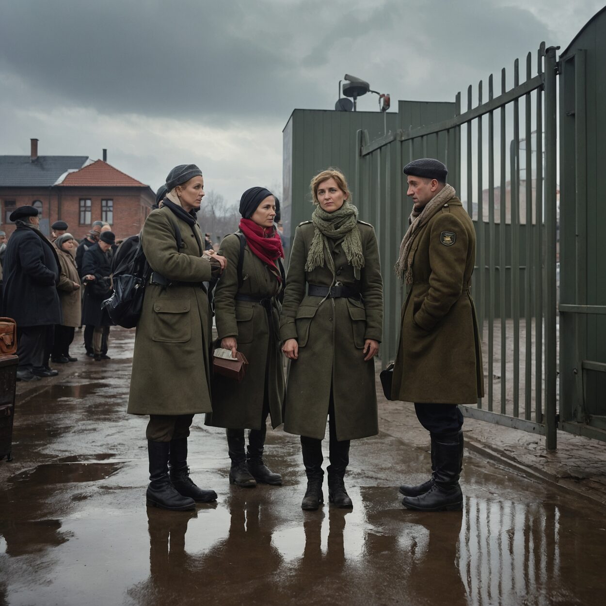 Soldiers check documents at a busy border gate between Poland and East Poland.
