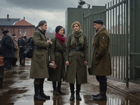 Soldiers check documents at a busy border gate between Poland and East Poland.