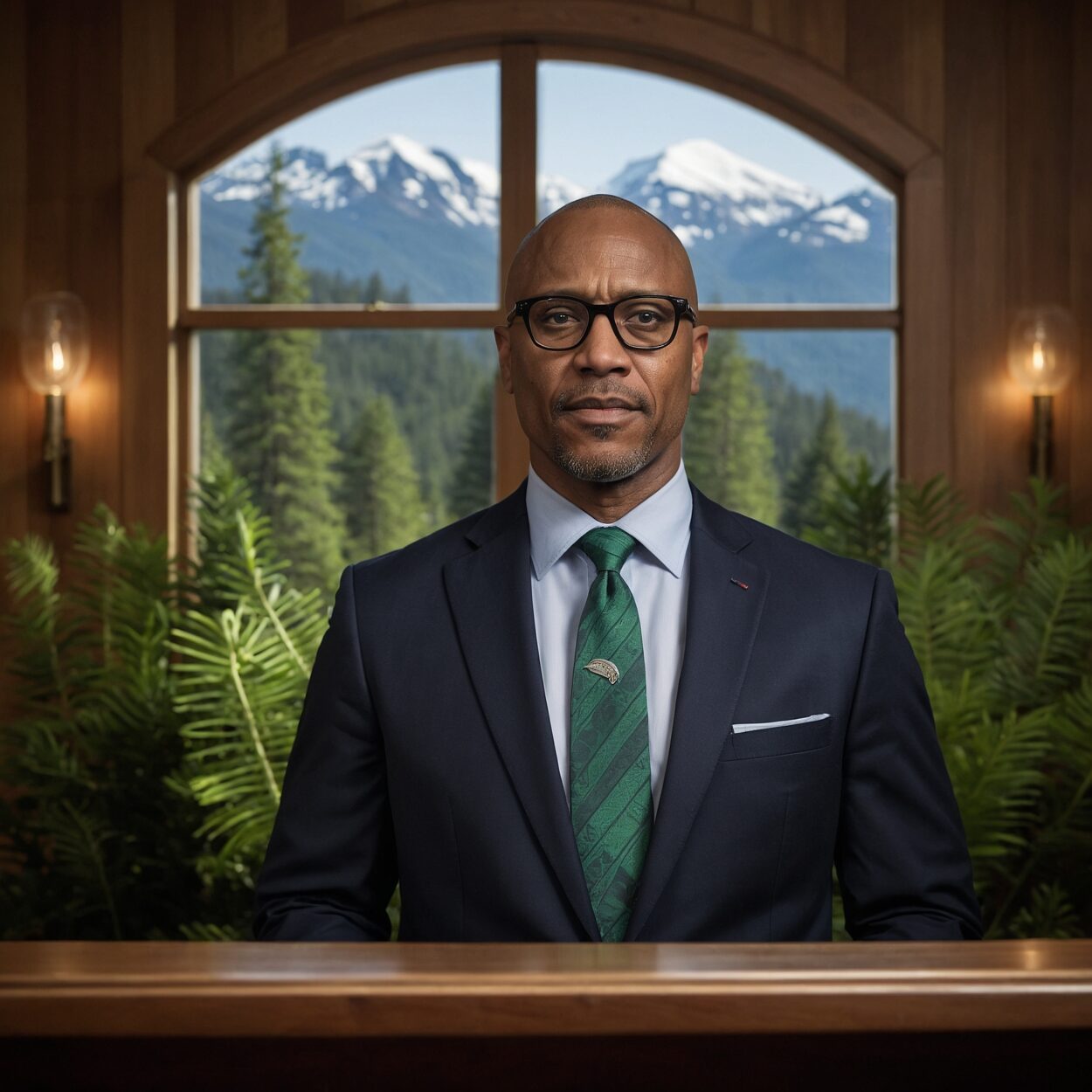 Nathan Chambers stands at a podium with the Cascadian emblem, addressing the nation.