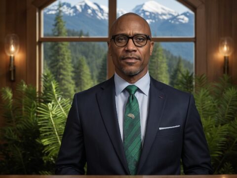 Nathan Chambers stands at a podium with the Cascadian emblem, addressing the nation.