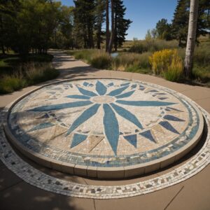 People walk and sit around a mosaic plaza with a granite obelisk at Four Corners Peace Park.