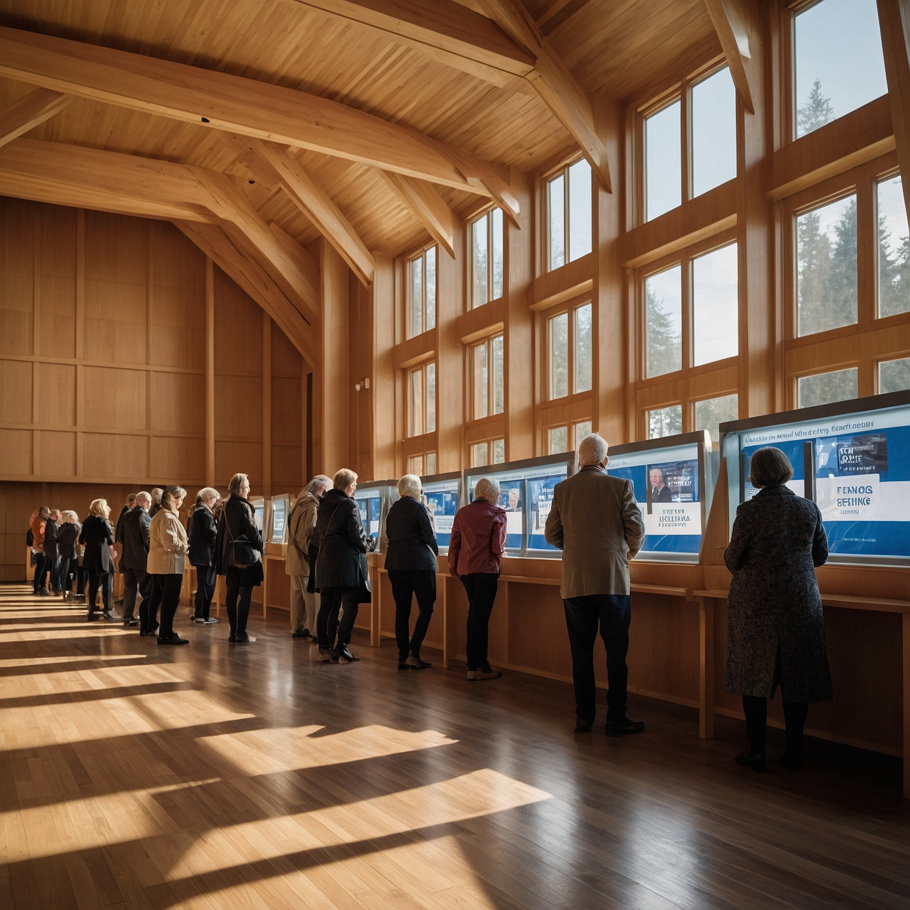Diverse citizens using electronic voting booths in a sunlit national assembly chamber.