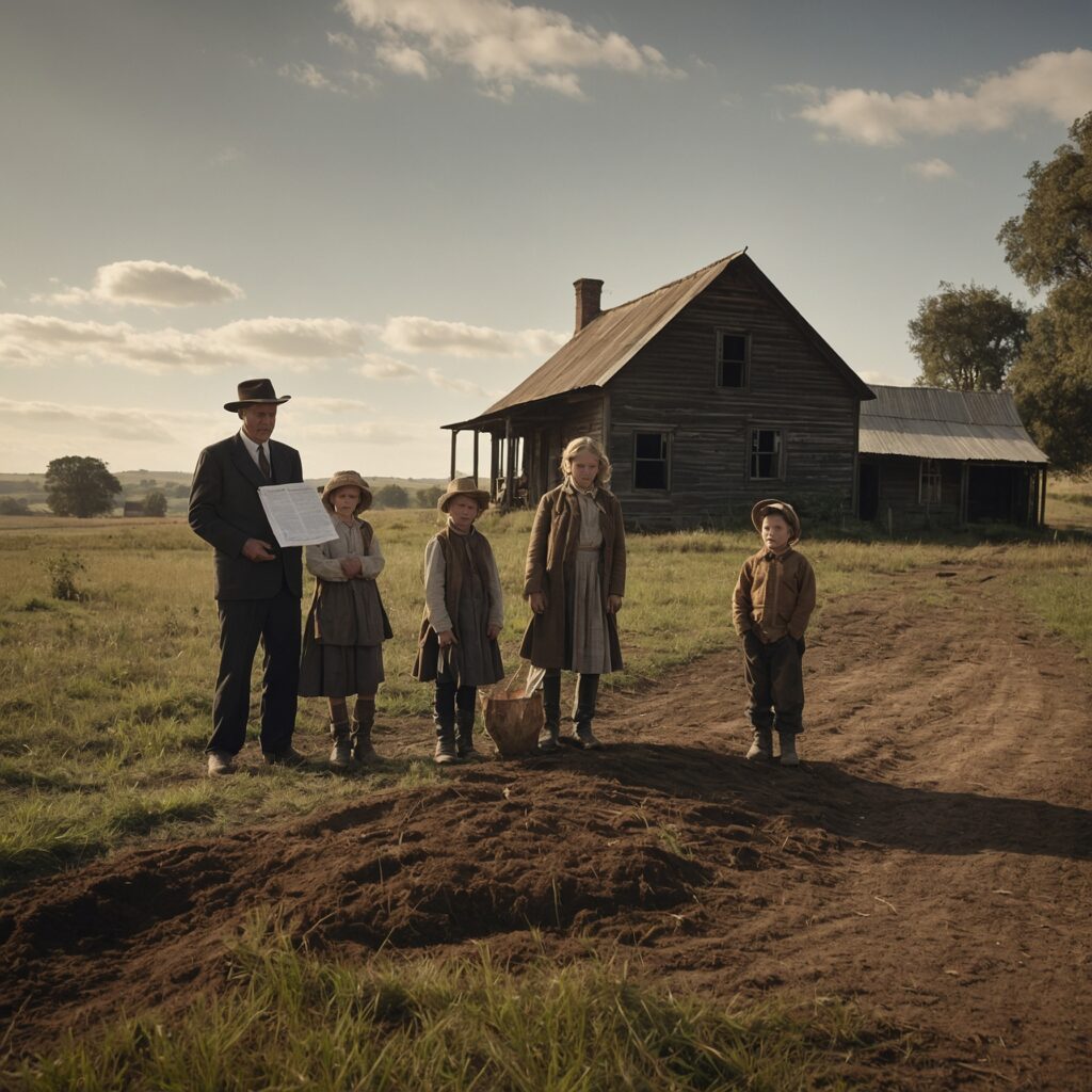 A family and government official stand by a farmhouse as land ownership changes hands.