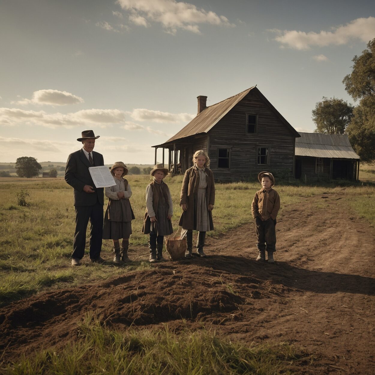 A family and government official stand by a farmhouse as land ownership changes hands.