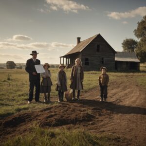 A family and government official stand by a farmhouse as land ownership changes hands.